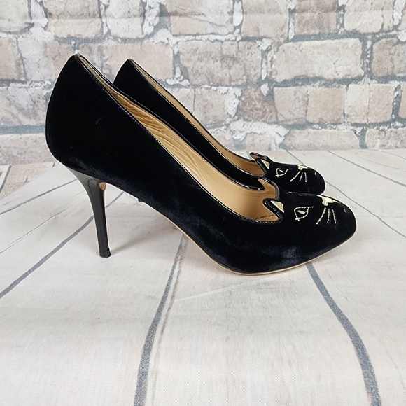 Charlotte Olympia Kitty Cat Embroidered Velvet Pump Black Gold Size 36/6 - Picture 4 of 16